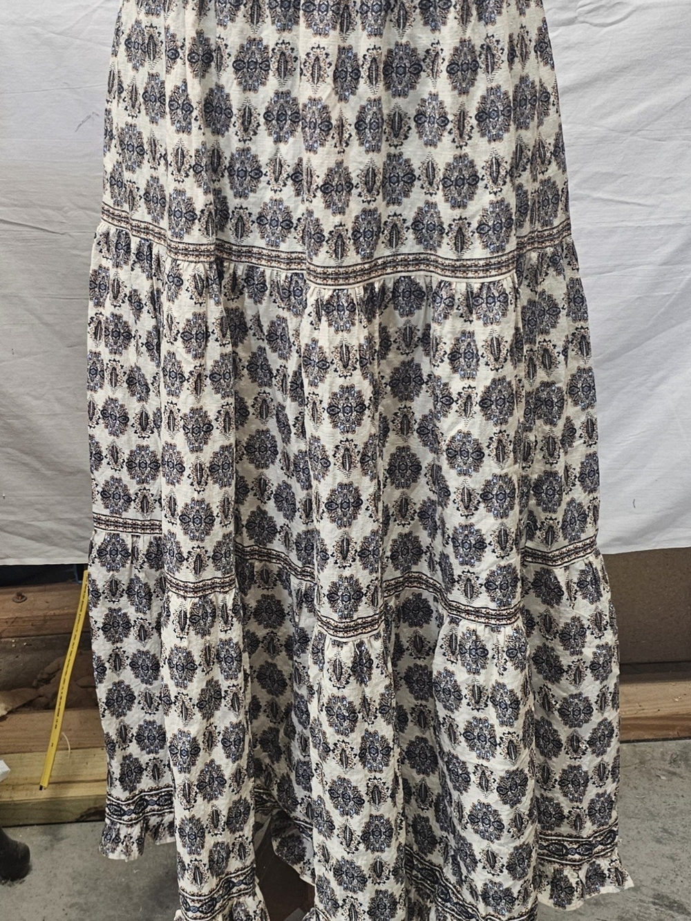 Max Studio Boho Ivory and Navy Printed Tiered Maxi Skirt
